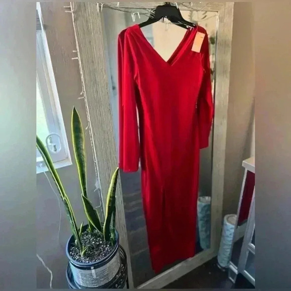 POPILUSH Shapewear Long Sleeve V-Neck Low Back Slimming Maxi Dress Holiday Red - Picture 5 of 8